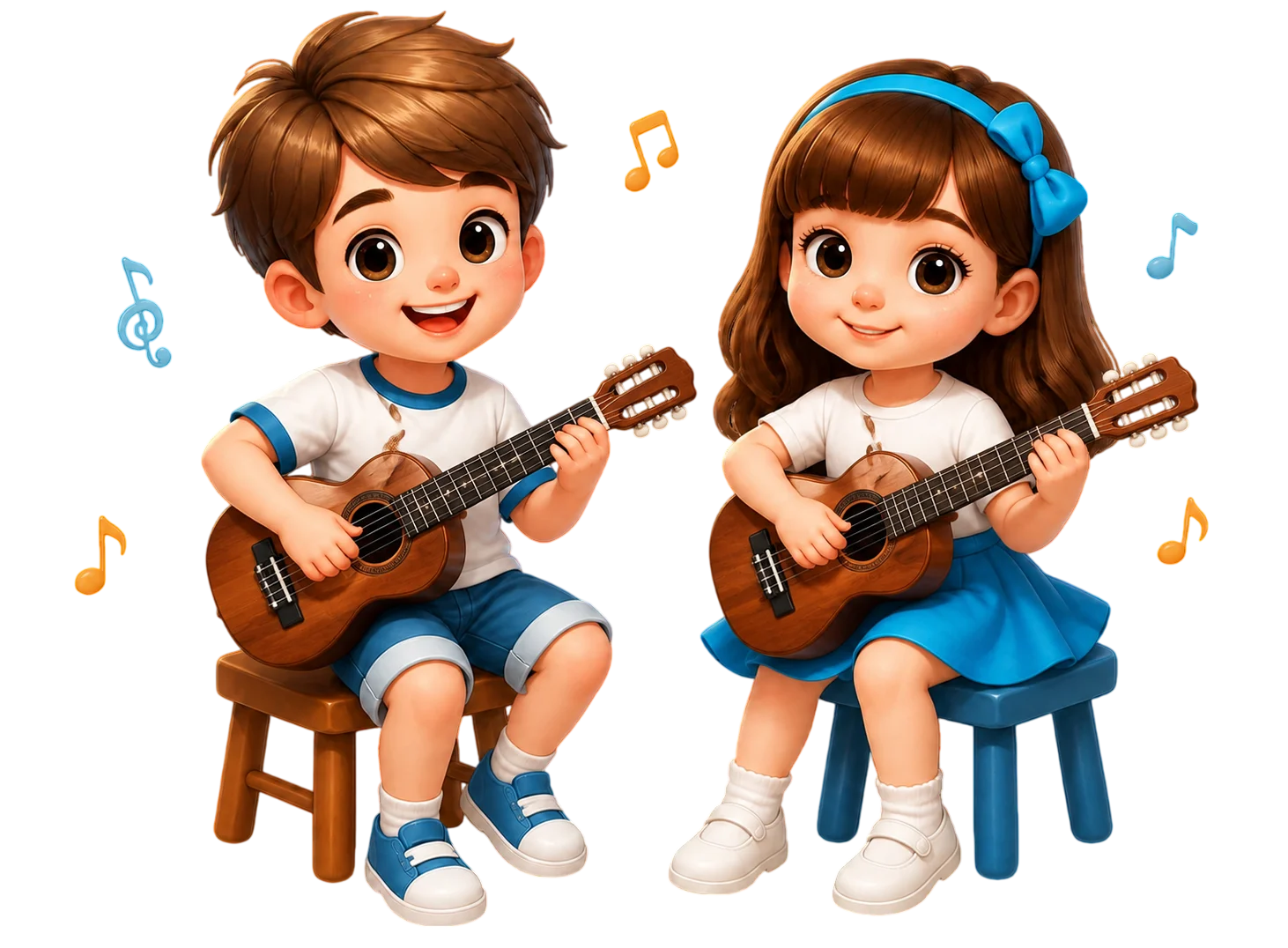 Criança aprendendo ukulele com apoio da família